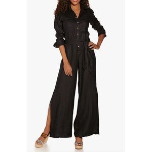Boston Proper Black Linen Utility Jumpsuit Size M Button Front Belted wide leg